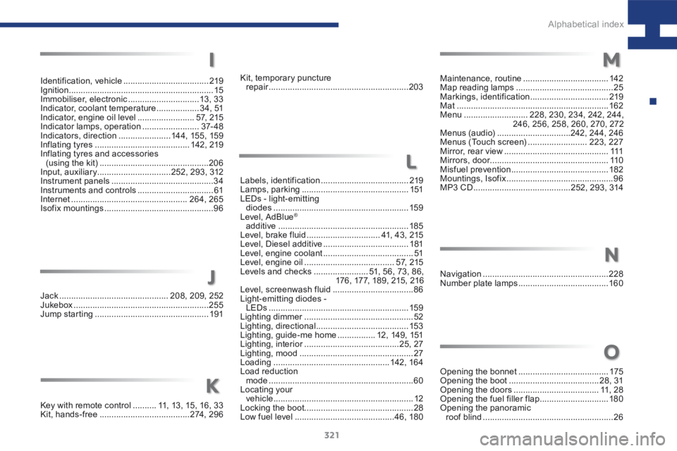 Peugeot 208 2015  Owners Manual - RHD (UK, Australia) 321
208_en_Chap10_index-alpha_ed01-2015
Maintenance, routine .................................... 142
Map reading lamps  ......................................... 25
Markings, identification  ........