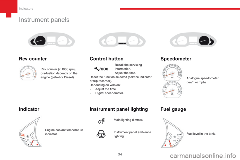 Peugeot 208 2015   - RHD (UK, Australia) Owners Guide 34
208_en_Chap03_Indicateurs_ed01-2015
Instrument panels
Instrument panel lighting Control button
Main lighting dimmer.Recall the servicing 
information.
Adjust the time.
Reset the function selected (