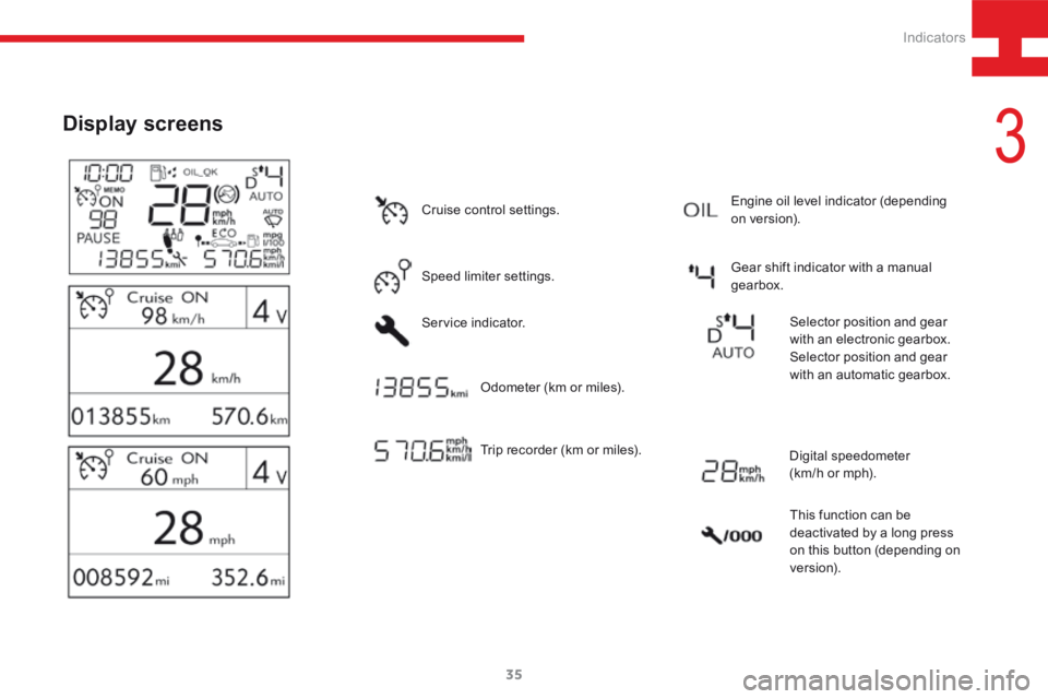 Peugeot 208 2015   - RHD (UK, Australia) Owners Guide 35
208_en_Chap03_Indicateurs_ed01-2015
Display screens
Cruise control settings.
Speed limiter settings.
Service indicator.Trip recorder (km or miles). Gear shift indicator with a manual 
gearbox.
Odom