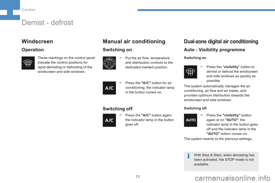 Peugeot 208 2015 - RHD (UK, Australia) Manual PDF 72
208_en_Chap04_confort_ed01-2015
Demist - defrost
These markings on the control panel
indicate the control positions for
rapid demisting or defrosting of the
windscreen and side windows.
Manual a Peugeot 208 2015 - RHD (UK, Australia) Manual PDF 72
208_en_Chap04_confort_ed01-2015
Demist - defrost
These markings on the control panel
indicate the control positions for
rapid demisting or defrosting of the
windscreen and side windows.
Manual a