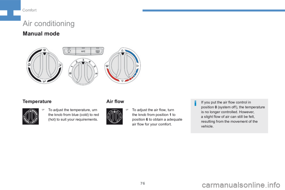 Peugeot 208 2015 - RHD (UK, Australia) Manual PDF 76
208_en_Chap04_confort_ed01-2015
Temperature
F To adjust the temperature, urn
the knob from blue (cold) to red
(hot) to suit your requirements.
Air flow
F To adjust the air flow, turn
the knob fr Peugeot 208 2015 - RHD (UK, Australia) Manual PDF 76
208_en_Chap04_confort_ed01-2015
Temperature
F To adjust the temperature, urn
the knob from blue (cold) to red
(hot) to suit your requirements.
Air flow
F To adjust the air flow, turn
the knob fr