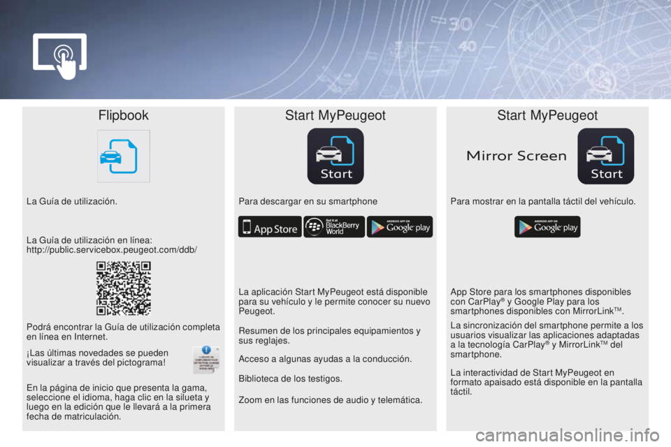 Peugeot 208 2015 Manual del propietario (in Spanish) StartStart
Mirror Screen
FlipbookStart MyPeugeot Start MyPeugeot
La Guía de utilización. Para descargar en su smartphoneP ara mostrar en la pantalla táctil del vehículo.
Zoom en las funciones de a Peugeot 208 2015 Manual del propietario (in Spanish) StartStart
Mirror Screen
FlipbookStart MyPeugeot Start MyPeugeot
La Guía de utilización. Para descargar en su smartphoneP ara mostrar en la pantalla táctil del vehículo.
Zoom en las funciones de a