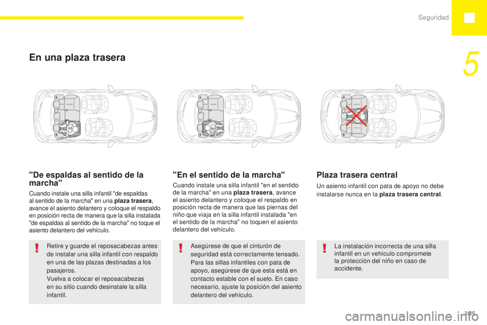 Peugeot 208 2015  Manual del propietario (in Spanish) Seguridad105
208_es_Chap05_securite_ed01-2015
En una plaza trasera
"De espaldas al sentido de la 
marcha"
Cuando instale una silla infantil "de espaldas 
al sentido de la marcha" en un