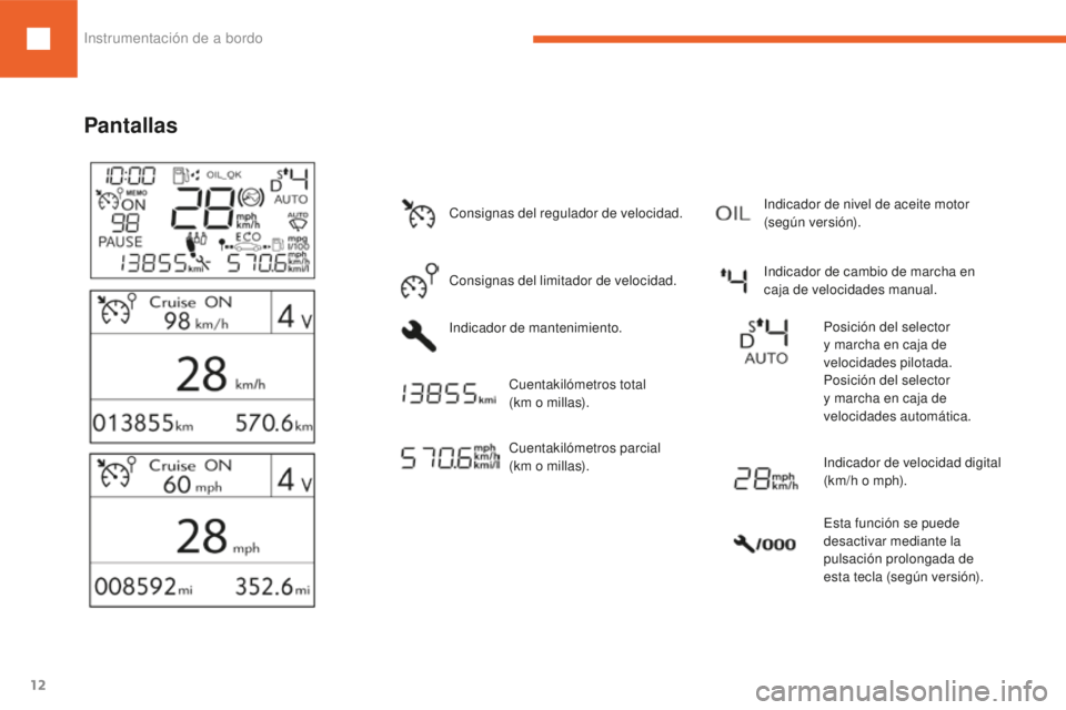 Peugeot 208 2015  Manual del propietario (in Spanish) 12
208_es_Chap01_instruments-bord_ed01-2016
Pantallas
Consignas del regulador de velocidad.
Consignas del limitador de velocidad.
Indicador de mantenimiento.Cuentakilómetros parcial  
(km o millas). 