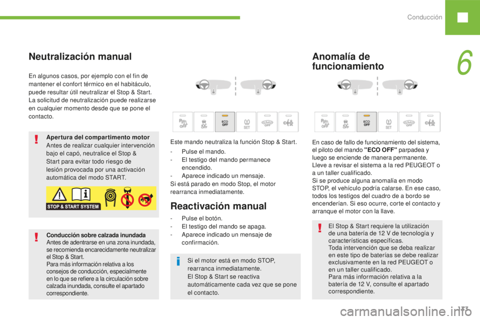 Peugeot 208 2015  Manual del propietario (in Spanish) Conducción133
208_es_Chap06_conduite_ed01-2016
Neutralización manual
- Pulse el mando.
- E l testigo del mando permanece 
encendido.
-
 
A
 parece indicado un mensaje.
Si está parado en modo Stop, 