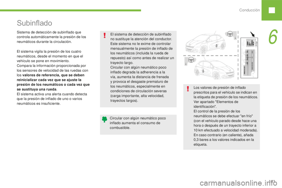 Peugeot 208 2015 Manual del propietario (in Spanish) Conducción151
208_es_Chap06_conduite_ed01-2016
Subinflado
El sistema de detección de subinflado
no sustituye la atención del conductor.
Este sistema no le exime de controlar
mensualmente la presi Peugeot 208 2015 Manual del propietario (in Spanish) Conducción151
208_es_Chap06_conduite_ed01-2016
Subinflado
El sistema de detección de subinflado
no sustituye la atención del conductor.
Este sistema no le exime de controlar
mensualmente la presi