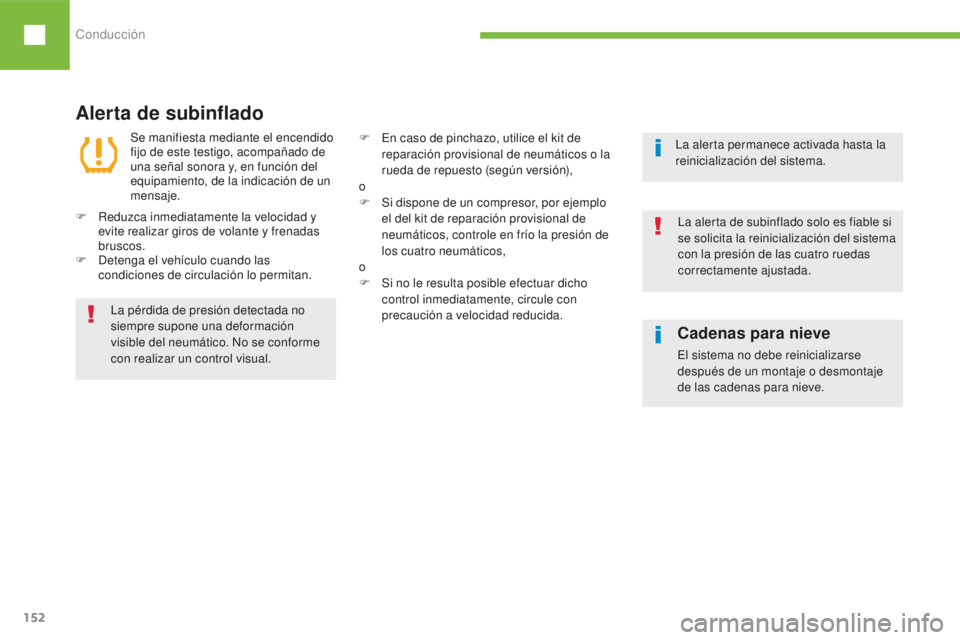 Peugeot 208 2015 Manual del propietario (in Spanish) Conducción
152
208_es_Chap06_conduite_ed01-2016
Alerta de subinflado
La pérdida de presión detectada no
siempre supone una deformación
visible del neumático. No se conforme
con realizar un con Peugeot 208 2015 Manual del propietario (in Spanish) Conducción
152
208_es_Chap06_conduite_ed01-2016
Alerta de subinflado
La pérdida de presión detectada no
siempre supone una deformación
visible del neumático. No se conforme
con realizar un con