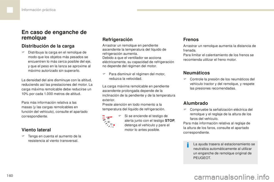 Peugeot 208 2015  Manual del propietario (in Spanish) Información práctica
160
208_es_Chap07_informations-pratiques_ed01-2016
En caso de enganche de 
remolque
Distribución de la carga
F Distribuya la carga en el remolque de  modo que los objetos más 