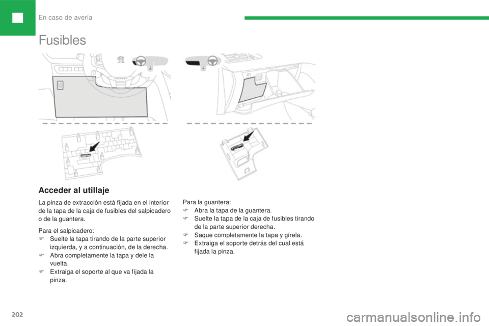 Peugeot 208 2015 Manual del propietario (in Spanish) En caso de avería
202
208_es_Chap08_cas-de-panne_ed01-2016
Fusibles
Para el salpicadero:
F S uelte la tapa tirando de la parte superior
izquierda, y a continuación, de la derecha.
F
A
bra compl Peugeot 208 2015 Manual del propietario (in Spanish) En caso de avería
202
208_es_Chap08_cas-de-panne_ed01-2016
Fusibles
Para el salpicadero:
F S uelte la tapa tirando de la parte superior
izquierda, y a continuación, de la derecha.
F
A
bra compl