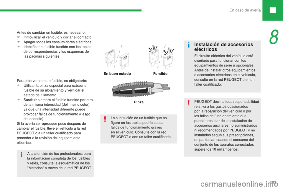 Peugeot 208 2015 Manual del propietario (in Spanish) En caso de avería203
208_es_Chap08_cas-de-panne_ed01-2016
Para intervenir en un fusible, es obligatorio:
F Ut ilizar la pinza especial para extraer el
fusible de su alojamiento y verificar el
estad Peugeot 208 2015 Manual del propietario (in Spanish) En caso de avería203
208_es_Chap08_cas-de-panne_ed01-2016
Para intervenir en un fusible, es obligatorio:
F Ut ilizar la pinza especial para extraer el
fusible de su alojamiento y verificar el
estad