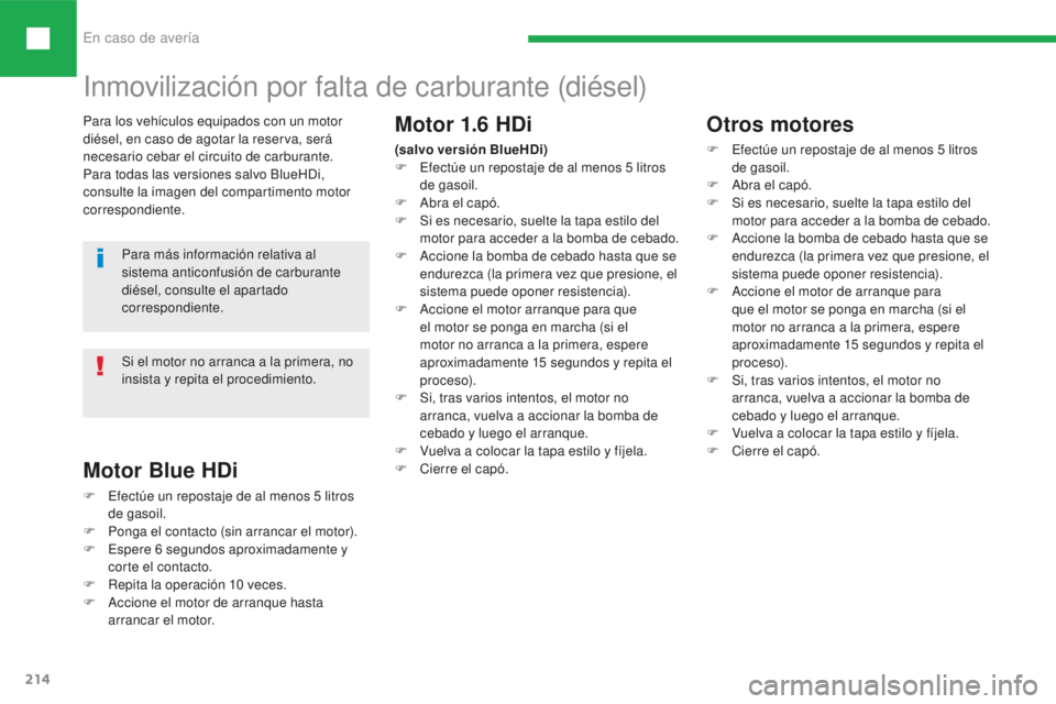 Peugeot 208 2015 Manual del propietario (in Spanish) En caso de avería
214
208_es_Chap08_cas-de-panne_ed01-2016
Para los vehículos equipados con un motor
diésel, en caso de agotar la reserva, será
necesario cebar el circuito de carburante.
Para to Peugeot 208 2015 Manual del propietario (in Spanish) En caso de avería
214
208_es_Chap08_cas-de-panne_ed01-2016
Para los vehículos equipados con un motor
diésel, en caso de agotar la reserva, será
necesario cebar el circuito de carburante.
Para to