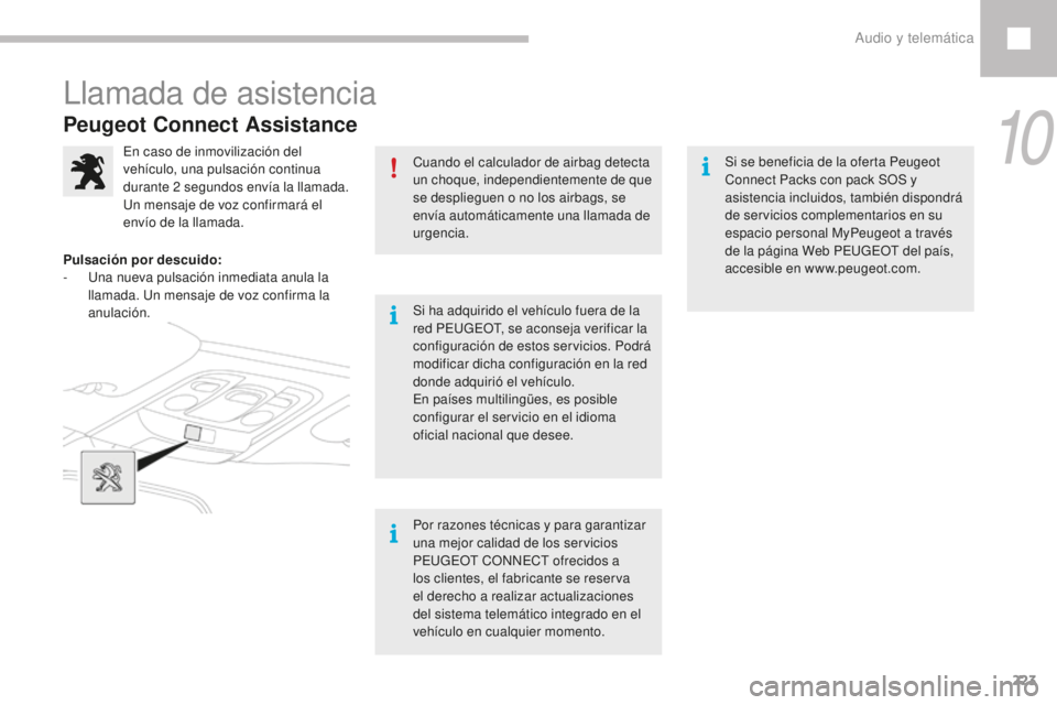 Peugeot 208 2015 Manual del propietario (in Spanish) 223
208_es_Chap10a_BTA_ed01-2016
Peugeot Connect Assistance
Cuando el calculador de airbag detecta
un choque, independientemente de que
se desplieguen o no los airbags, se
envía automáticamente u Peugeot 208 2015 Manual del propietario (in Spanish) 223
208_es_Chap10a_BTA_ed01-2016
Peugeot Connect Assistance
Cuando el calculador de airbag detecta
un choque, independientemente de que
se desplieguen o no los airbags, se
envía automáticamente u