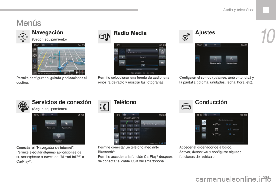 Peugeot 208 2015  Manual del propietario (in Spanish) 229
208_es_Chap10b_SMEGplus_ed01-2016
Menús
Ajustes
Radio Media
Navegación
Conducción
Servicios de conexión Teléfono
Configurar el sonido (balance, ambiente, etc.) y 
la pantalla (idioma, unidade