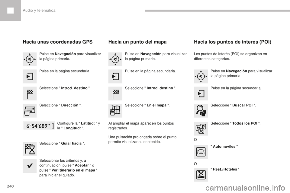 Peugeot 208 2015  Manual del propietario (in Spanish) 240
208_es_Chap10b_SMEGplus_ed01-2016
Hacia unas coordenadas GPS
Seleccione " Introd. destino ".
Seleccione " Dirección  ".
Configure la " Latitud:  " y 
la " Longitud:  &