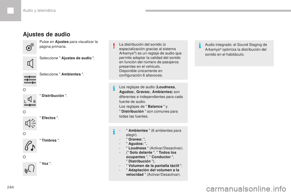 Peugeot 208 2015 Manual del propietario (in Spanish) 264
208_es_Chap10b_SMEGplus_ed01-2016
Ajustes de audio
Pulse en Ajustes para visualizar la
página primaria.
Seleccione " Ajustes de audio ".
Seleccione " Ambientes ".
O " Distri Peugeot 208 2015 Manual del propietario (in Spanish) 264
208_es_Chap10b_SMEGplus_ed01-2016
Ajustes de audio
Pulse en Ajustes para visualizar la
página primaria.
Seleccione " Ajustes de audio ".
Seleccione " Ambientes ".
O " Distri