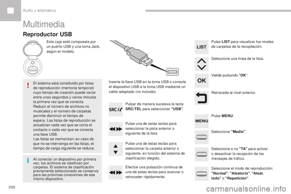 Peugeot 208 2015  Manual del propietario (in Spanish) 300
208_es_Chap10c_RDE2_ed01-2016
Multimedia
Reproductor USB
Esta caja está compuesta por 
un puerto USB y una toma Jack, 
según el modelo.Inserte la llave USB en la toma USB o conecte 
el dispositi