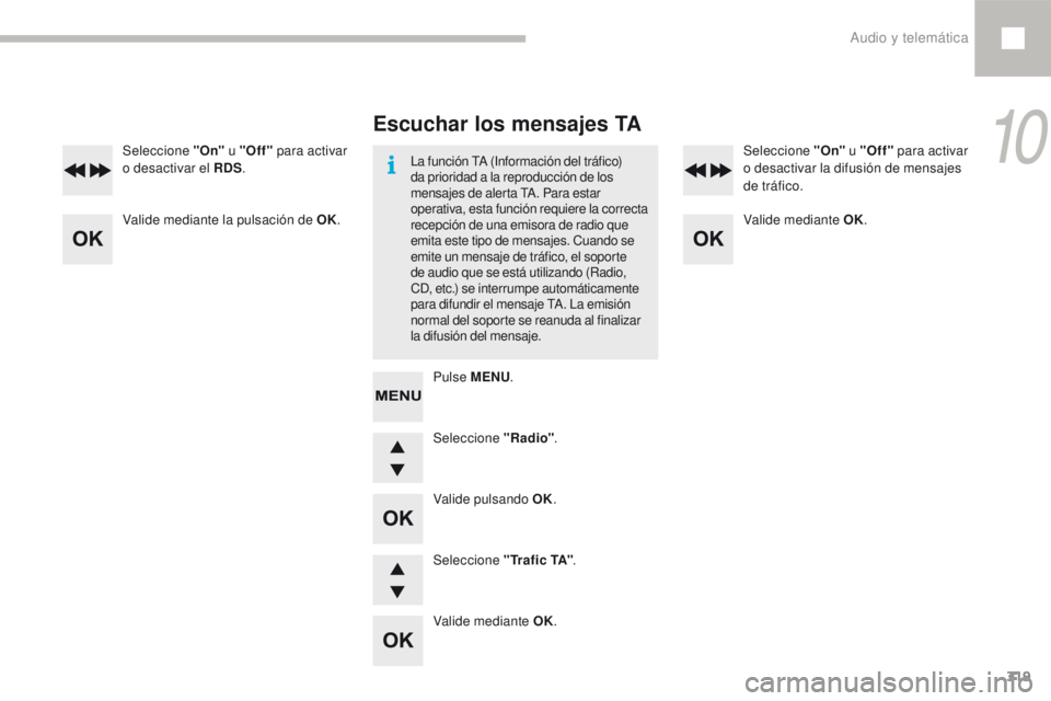 Peugeot 208 2015  Manual del propietario (in Spanish) 319
208_es_Chap10d_RDE1_ed01-2016
Seleccione "Radio".
Seleccione "On"
 u "Off" para activar 
o desactivar el RDS . Seleccione "On"
 u "Off" para activar 
o desa