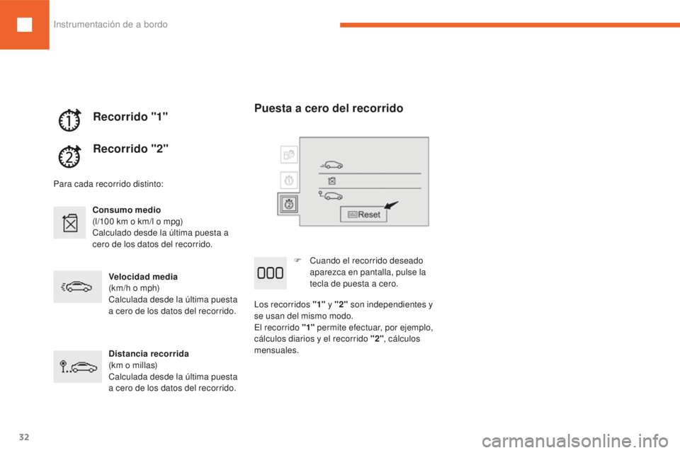 Peugeot 208 2015  Manual del propietario (in Spanish) 32
208_es_Chap01_instruments-bord_ed01-2016
Puesta a cero del recorrido
F Cuando el recorrido deseado aparezca en pantalla, pulse la 
tecla de puesta a cero.
Los recorridos "1"  y "2" 