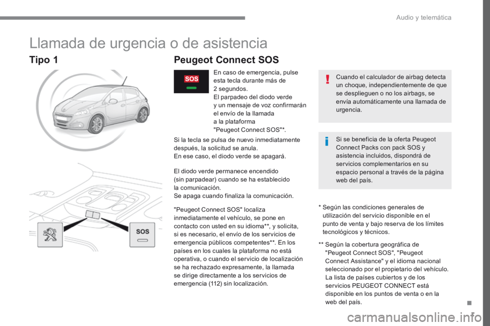 Peugeot 208 2015 Manual del propietario (in Spanish) 1
Llamada de urgencia o de asistencia
Peugeot Connect SOS
En caso de emergencia, pulse
esta tecla durante más de
2 segundos.
El parpadeo del diodo verde
y un mensaje de voz confirmarán
el enví Peugeot 208 2015 Manual del propietario (in Spanish) 1
Llamada de urgencia o de asistencia
Peugeot Connect SOS
En caso de emergencia, pulse
esta tecla durante más de
2 segundos.
El parpadeo del diodo verde
y un mensaje de voz confirmarán
el enví