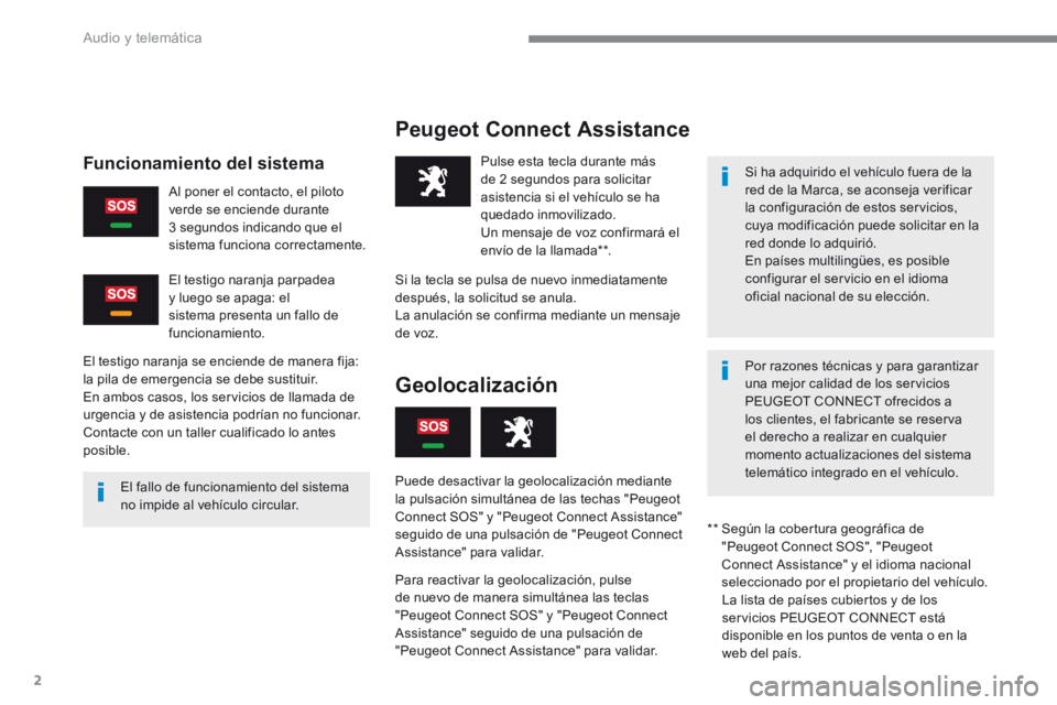 Peugeot 208 2015 Manual del propietario (in Spanish) 2
Peugeot Connect Assistance
El fallo de funcionamiento del sistema
no impide al vehículo circular.Pulse esta tecla durante más
de 2 segundos para solicitar
asistencia si el vehículo se ha
qued Peugeot 208 2015 Manual del propietario (in Spanish) 2
Peugeot Connect Assistance
El fallo de funcionamiento del sistema
no impide al vehículo circular.Pulse esta tecla durante más
de 2 segundos para solicitar
asistencia si el vehículo se ha
qued