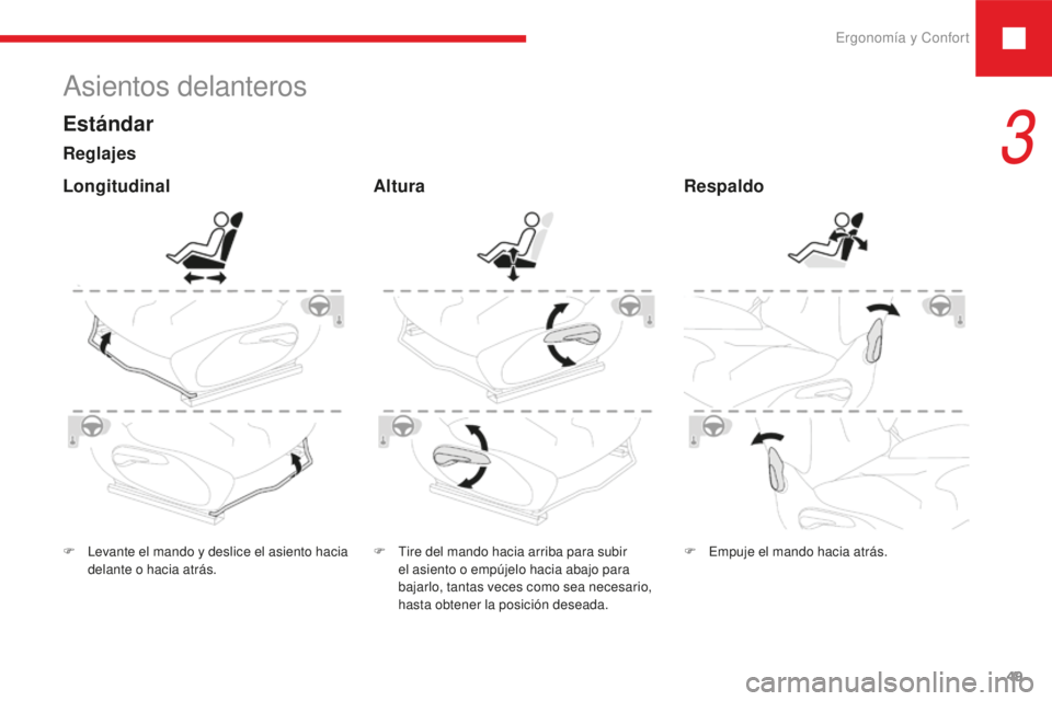 Peugeot 208 2015  Manual del propietario (in Spanish) Ergonomía y Confort49
208_es_Chap03_ergonomie-confort_ed01-2016
Asientos delanteros
F Levante el mando y deslice el asiento hacia delante o hacia atrás. F
 T ire del mando hacia arriba para subir 
e