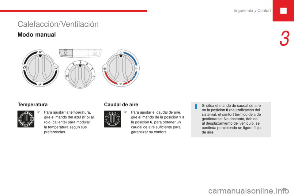 Peugeot 208 2015  Manual del propietario (in Spanish) Ergonomía y Confort59
208_es_Chap03_ergonomie-confort_ed01-2016
Temperatura
F Para ajustar la temperatura, gire el mando del azul (frío) al 
rojo (caliente) para modular 
la temperatura según sus 
