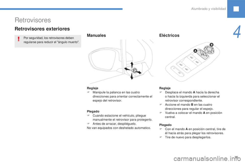 Peugeot 208 2015 Manual del propietario (in Spanish) 75
Retrovisores
Retrovisores exteriores
ManualesEléctricos
Reglaje
F
D esplace el mando A hacia la derecha
o hacia la izquierda para seleccionar el
retrovisor correspondiente.
F
A
ccione el man Peugeot 208 2015 Manual del propietario (in Spanish) 75
Retrovisores
Retrovisores exteriores
ManualesEléctricos
Reglaje
F
D esplace el mando A hacia la derecha
o hacia la izquierda para seleccionar el
retrovisor correspondiente.
F
A
ccione el man