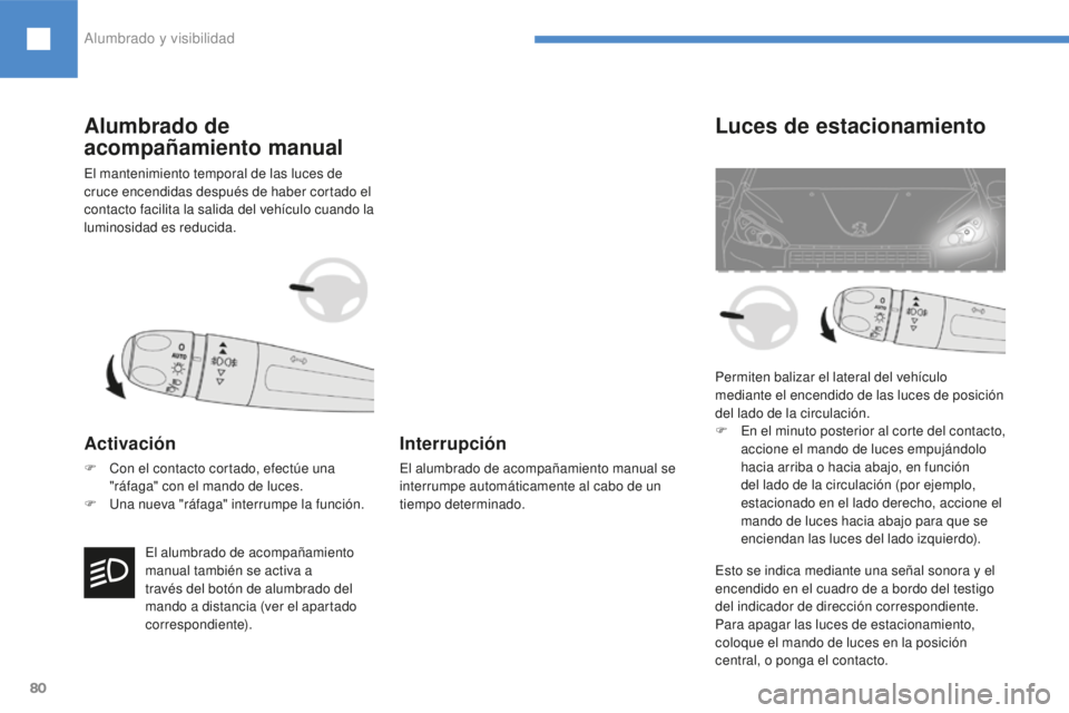 Peugeot 208 2015 Manual del propietario (in Spanish) 80
El mantenimiento temporal de las luces de
cruce encendidas después de haber cortado el
contacto facilita la salida del vehículo cuando la
luminosidad es reducida.
Alumbrado de
acompañamiento Peugeot 208 2015 Manual del propietario (in Spanish) 80
El mantenimiento temporal de las luces de
cruce encendidas después de haber cortado el
contacto facilita la salida del vehículo cuando la
luminosidad es reducida.
Alumbrado de
acompañamiento
