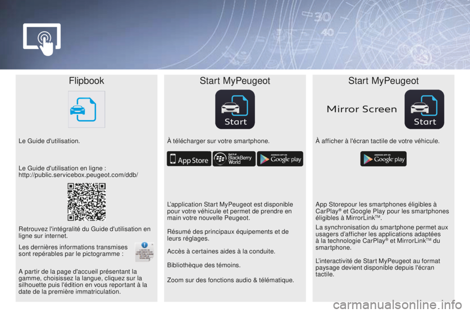 Peugeot 208 2015  Manuel du propriétaire (in French) StartStart
Mirror Screen
FlipbookStart MyPeugeot Start MyPeugeot
Le Guide d'utilisation. À télécharger sur votre smartphone.À afficher à l'écran tactile de votre véhicule.
Zoom sur des 