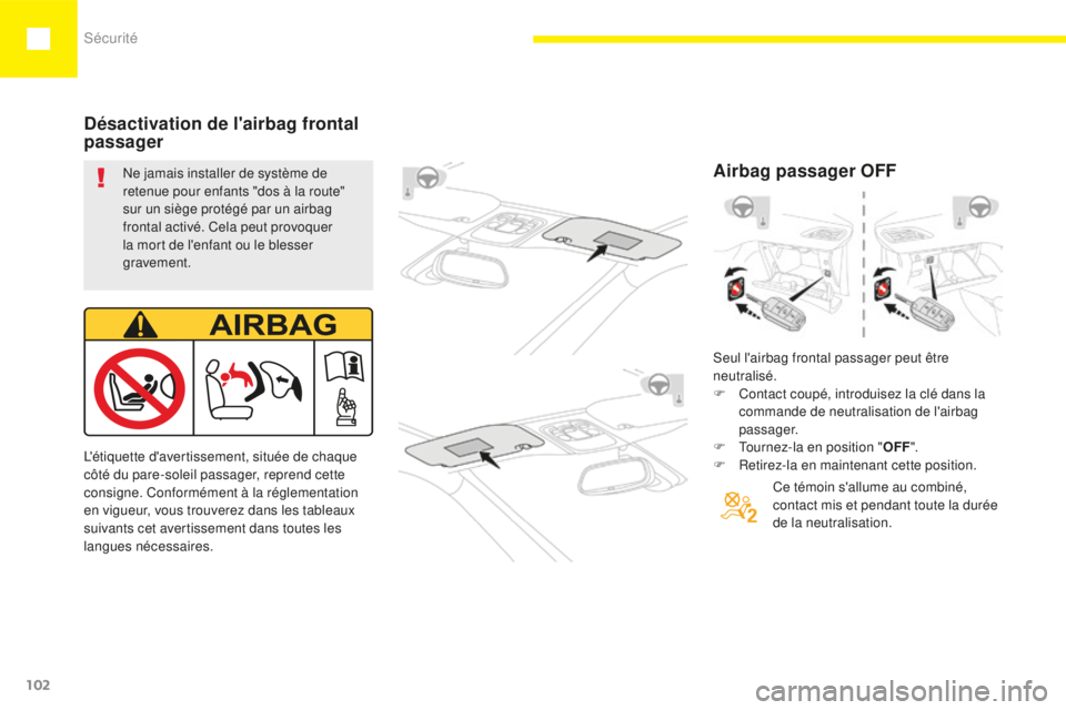 Peugeot 208 2015 Manuel du propriétaire (in French) Sécurité
102
Désactivation de l'airbag frontal
passager
Ne jamais installer de système de
retenue pour enfants "dos à la route"
sur un siège protégé par un airbag
frontal activ Peugeot 208 2015 Manuel du propriétaire (in French) Sécurité
102
Désactivation de l'airbag frontal
passager
Ne jamais installer de système de
retenue pour enfants "dos à la route"
sur un siège protégé par un airbag
frontal activ