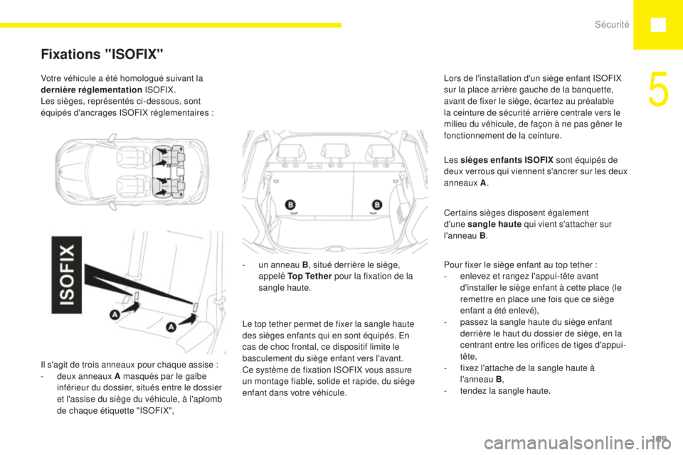 Peugeot 208 2015 Manuel du propriétaire (in French) Sécurité109
Votre véhicule a été homologué suivant la
dernière réglementation ISOFIX.
Les sièges, représentés ci-dessous, sont
équipés d'ancrages ISOFIX réglementaires
:
Fixati Peugeot 208 2015 Manuel du propriétaire (in French) Sécurité109
Votre véhicule a été homologué suivant la
dernière réglementation ISOFIX.
Les sièges, représentés ci-dessous, sont
équipés d'ancrages ISOFIX réglementaires
:
Fixati