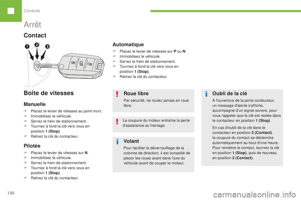 Peugeot 208 2015 Manuel du propriétaire (in French) Conduite
120
Arrêt
Contact
Oubli de la clé
A l'ouverture de la porte conducteur,
un message d'alerte s'affiche,
accompagné d'un signal sonore, pour
vous rappeler que la clé est Peugeot 208 2015 Manuel du propriétaire (in French) Conduite
120
Arrêt
Contact
Oubli de la clé
A l'ouverture de la porte conducteur,
un message d'alerte s'affiche,
accompagné d'un signal sonore, pour
vous rappeler que la clé est