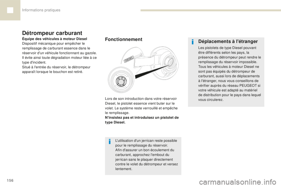 Peugeot 208 2015 Manuel du propriétaire (in French) Informations pratiques
156
Fonctionnement
Détrompeur carburant
L'utilisation d'un jerrican reste possible
pour le remplissage du réservoir.
Afin d'assurer un bon écoulement du
carbura Peugeot 208 2015 Manuel du propriétaire (in French) Informations pratiques
156
Fonctionnement
Détrompeur carburant
L'utilisation d'un jerrican reste possible
pour le remplissage du réservoir.
Afin d'assurer un bon écoulement du
carbura