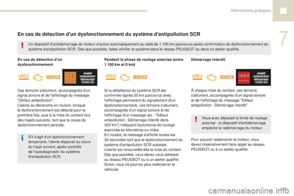 Peugeot 208 2015  Manuel du propriétaire (in French) Informations pratiques177
En cas de détection d'un dysfonctionnement du système d'antipollution SCR
Ces témoins s'allument, accompagnés d'un 
signal sonore et de l'affichage du