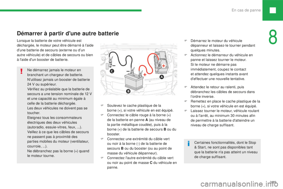 Peugeot 208 2015  Manuel du propriétaire (in French) En cas de panne209
Démarrer à partir d'une autre batterie
Lorsque la batterie de votre véhicule est 
déchargée, le moteur peut être démarré à l’aide 
d’une batterie de secours (extern