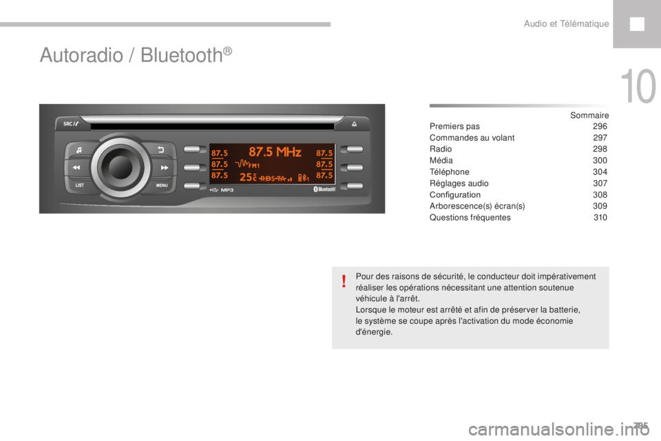 Peugeot 208 2015  Manuel du propriétaire (in French) 295
Autoradio / Bluetooth®
Sommaire
Premiers pas
 2 96
Commandes au volant
 
2
 97
Radio
  298
Média
  300
Téléphone
 

304
Réglages audio
 3

07
Configuration
 3

08
Arborescence(s) écran(s)
 3