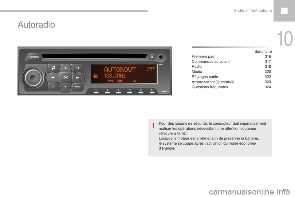 Peugeot 208 2015  Manuel du propriétaire (in French) 315
Autoradio
Sommaire
Premiers pas
 3 16
Commandes au volant
 
3
 17
Radio
 31

8
Média
 32

0
Réglages audio
 3

22
Arborescence(s) écran(s)
 3

23
Questions fréquentes
 3

24
Pour des raisons d