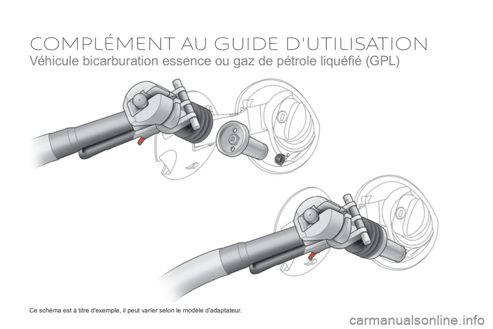 Peugeot 208 2015  Manuel du propriétaire (in French)   COMPLÉMENT AU GUIDE D'UTILISATION 
 
Véhicule bicarburation essence ou gaz de pétrole liquéﬁ é (GPL) 
 
Ce schéma est à titre dexemple, il peut varier selon le modèle dadaptateur.  