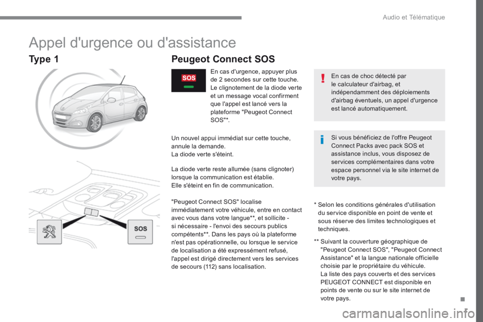 Peugeot 208 2015  Manuel du propriétaire (in French) 1
Appel d'urgence ou d'assistance
Peugeot Connect SOS
En cas d'urgence, appuyer plus 
de 2 secondes sur cette touche.
Le clignotement de la diode verte 
et un message vocal confirment 
que