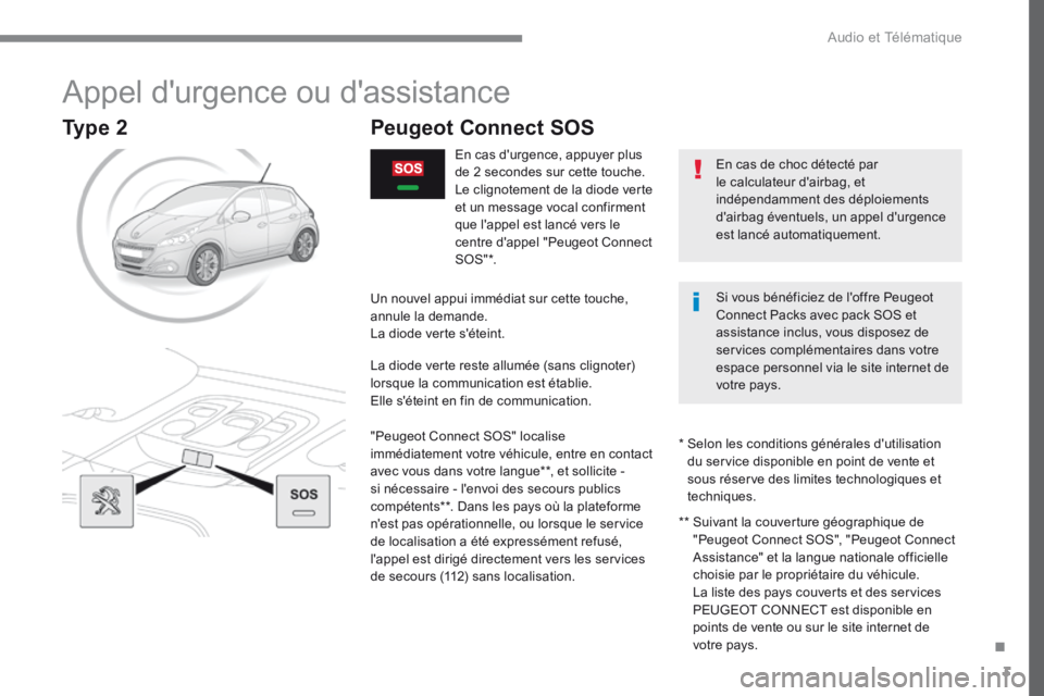 Peugeot 208 2015  Manuel du propriétaire (in French) 3
Appel d'urgence ou d'assistance
En cas de choc détecté par 
le calculateur d'airbag, et 
indépendamment des déploiements 
d'airbag éventuels, un appel d'urgence 
est lancé 