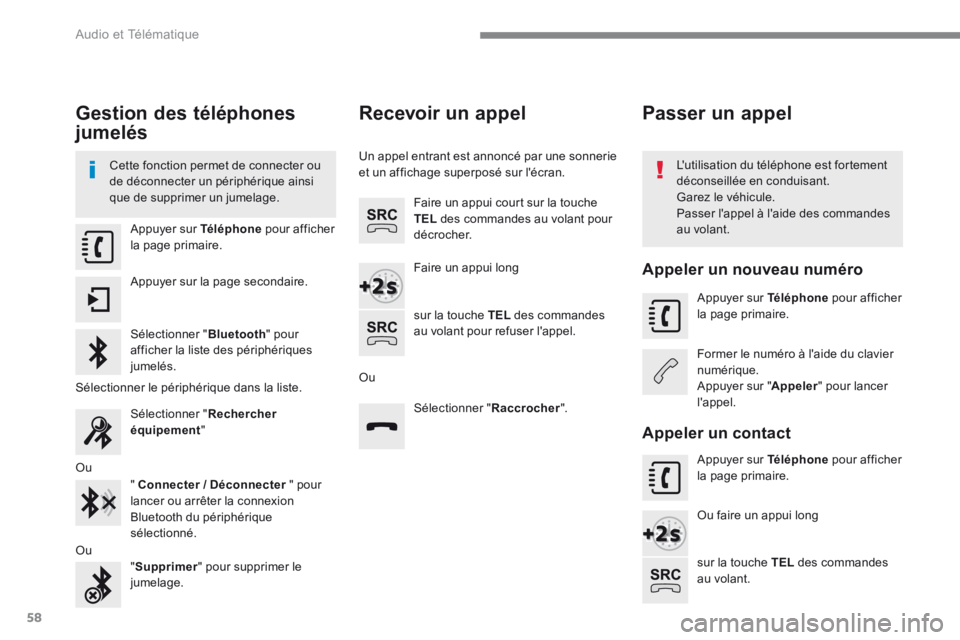 Peugeot 208 2015 Manuel du propriétaire (in French) 58
Gestion des téléphones
jumelés
Cette fonction permet de connecter ou
de déconnecter un périphérique ainsi
que de supprimer un jumelage.L'utilisation du téléphone est fortement
déco Peugeot 208 2015 Manuel du propriétaire (in French) 58
Gestion des téléphones
jumelés
Cette fonction permet de connecter ou
de déconnecter un périphérique ainsi
que de supprimer un jumelage.L'utilisation du téléphone est fortement
déco