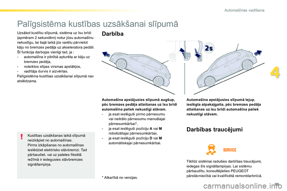 Peugeot 208 2014  Īpašnieka rokasgrāmata (in Latvian) 99
4
Automašīnas vadīšana
 
 
 
 
 
 
Palīgsistēma kustības uzsākšanai slīpumā 
 
Uzsākot kustību slīpumā, sistēma uz īsu brīdi 
(apmēram 2 sekundēm) notur jūsu automašīnu 
neku Peugeot 208 2014  Īpašnieka rokasgrāmata (in Latvian) 99
4
Automašīnas vadīšana
 
 
 
 
 
 
Palīgsistēma kustības uzsākšanai slīpumā 
 
Uzsākot kustību slīpumā, sistēma uz īsu brīdi 
(apmēram 2 sekundēm) notur jūsu automašīnu 
neku