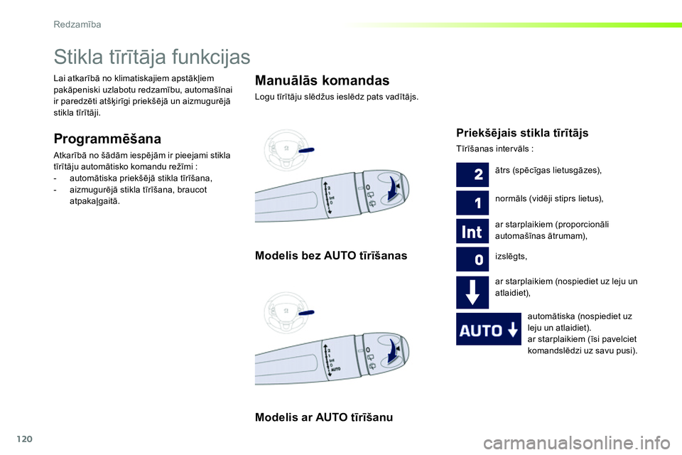 Peugeot 208 2014 Īpašnieka rokasgrāmata (in Latvian) 120
Redzamība
Stikla tīrītāja funkcijas
Programmēšana
Atkarībā no šādām iespējām ir pieejami stikla
tīrītāju automātisko komandu režīmi :
- autom Peugeot 208 2014 Īpašnieka rokasgrāmata (in Latvian) 120
Redzamība
Stikla tīrītāja funkcijas
Programmēšana
Atkarībā no šādām iespējām ir pieejami stikla
tīrītāju automātisko komandu režīmi :
- autom