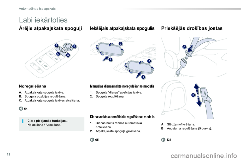 Peugeot 208 2014  Īpašnieka rokasgrāmata (in Latvian) 12
64
65 131
Automašīnas īss apskats
 
Labi iekārtoties 
 
 
Ārējie atpakaļskata spoguļi 
 
 
Noregulēšana 
 
 
 
A. 
 Atpakaļskata spoguļa izvēle. 
   
B. 
 Spoguļa pozīcijas regulēš