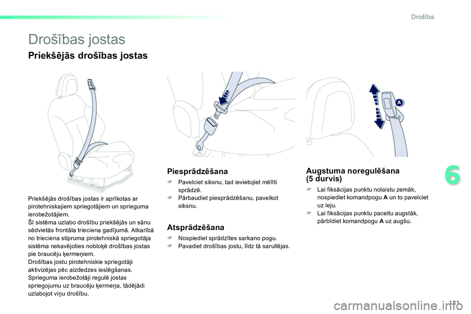 Peugeot 208 2014  Īpašnieka rokasgrāmata (in Latvian) 131
6
Drošība
 
Drošības jostas 
 
 
Priekšējās drošības jostas 
 
 
 
 
 
 
 
 
 
 
 
Piesprādzēšana 
 
 
 
�) 
  Pavelciet siksnu, tad ievietojiet mēlīti 
sprādzē. 
   
�) 
 Pārbaud