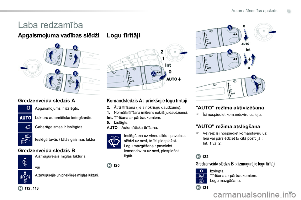 Peugeot 208 2014  Īpašnieka rokasgrāmata (in Latvian) .
13112 ,  113120122
121
Automašīnas īss apskats
 
Laba redzamība 
 
 
Apgaismojuma vadības slēdži 
 
 
Gredzenveida slēdzis A 
   
Gredzenveida slēdzis B 
 
 
Logu tīrītāji 
 
 
Komandsl