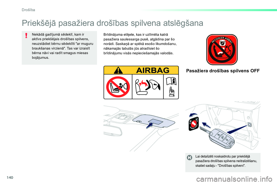 Peugeot 208 2014 Īpašnieka rokasgrāmata (in Latvian) 140
Drošība
Priekšējā pasažiera drošības spilvena atslēgšana
Nekādā gadījumā sēdeklī, kam ir
aktīvs priekšējais drošības spilvens,
neuzstādiet bērnu sēdeklīti "ar mu Peugeot 208 2014 Īpašnieka rokasgrāmata (in Latvian) 140
Drošība
Priekšējā pasažiera drošības spilvena atslēgšana
Nekādā gadījumā sēdeklī, kam ir
aktīvs priekšējais drošības spilvens,
neuzstādiet bērnu sēdeklīti "ar mu