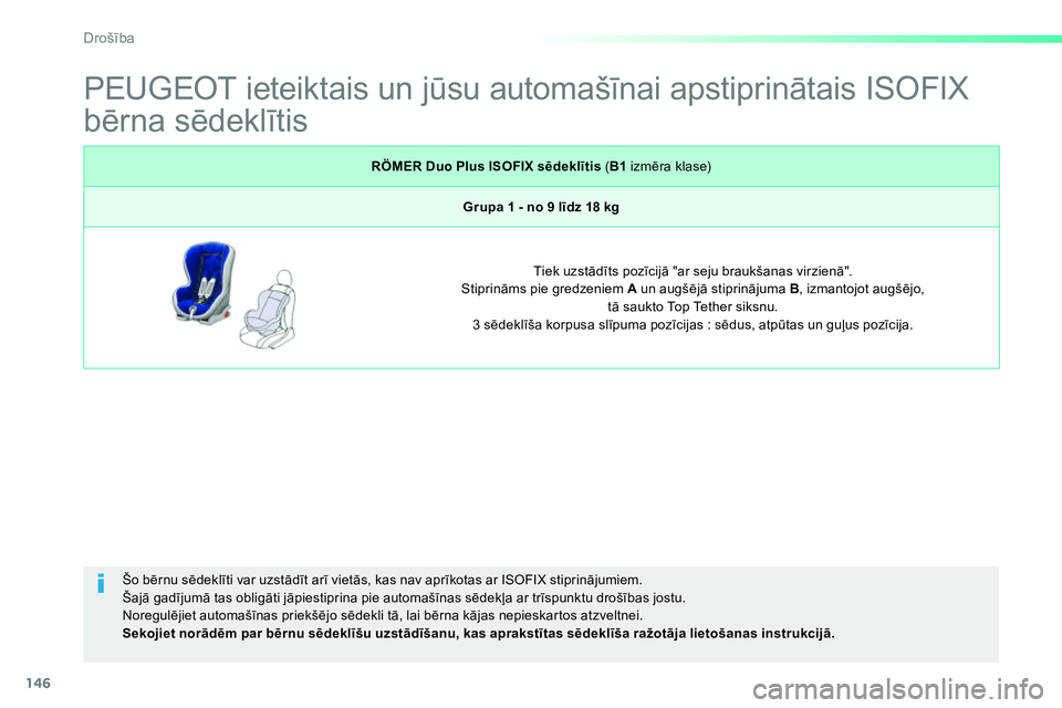 Peugeot 208 2014 Īpašnieka rokasgrāmata (in Latvian) 146
Drošība
PEUGEOT ieteiktais un jūsu automašīnai apstiprinātais ISOFIX
bērna sēdeklītis
Šo bērnu sēdeklīti var uzstādīt arī vietās, kas nav aprī Peugeot 208 2014 Īpašnieka rokasgrāmata (in Latvian) 146
Drošība
PEUGEOT ieteiktais un jūsu automašīnai apstiprinātais ISOFIX
bērna sēdeklītis
Šo bērnu sēdeklīti var uzstādīt arī vietās, kas nav aprī