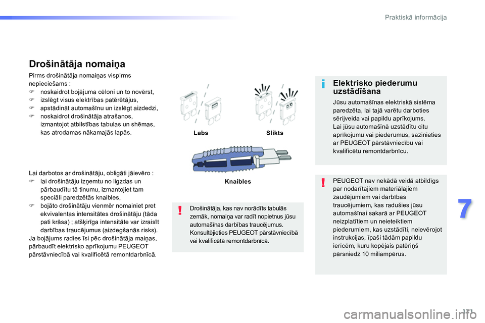 Peugeot 208 2014  Īpašnieka rokasgrāmata (in Latvian) 171
7
Praktiskā informācija
 
Lai darbotos ar drošinātāju, obligāti jāievēro : 
   
 
�) 
 lai drošinātāju izņemtu no ligzdas un 
pārbaudītu tā tinumu, izmantojiet tam 
speciāli paredz