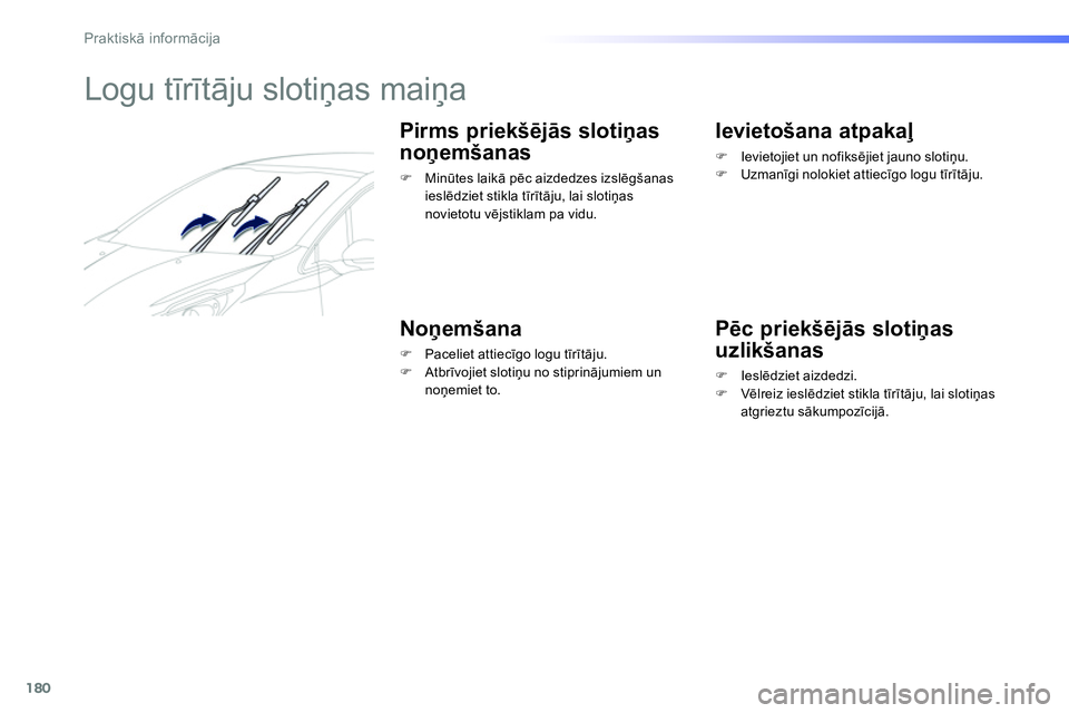 Peugeot 208 2014  Īpašnieka rokasgrāmata (in Latvian) 180
Praktiskā informācija
 
 
 
 
 
 
 
 
 
Logu tīrītāju slotiņas maiņa 
 
 
Pirms priekšējās slotiņas 
noņemšanas 
 
 
 
�) 
 Minūtes laikā pēc aizdedzes izslēgšanas 
ieslēdziet s